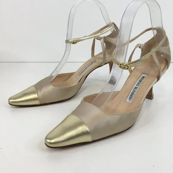 Manolo Blahnik Golden Cap Toe Ankle Strap Pumps Size 37.5